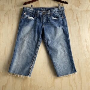 Big Star Casey Jeans Womens 31R Medium Wash Blue Cropped Distressed Embroidered
